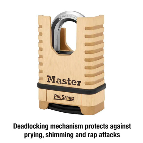 Brass Padlock With Set Your Own Four Digit Combination For Tools Fences And Gates Pro Series Grade Lock Resettable Security With Ten Thousand Possible Codes Industrial Use Two And One Quarter Inches Wide 1177D, side view showing mechanism.