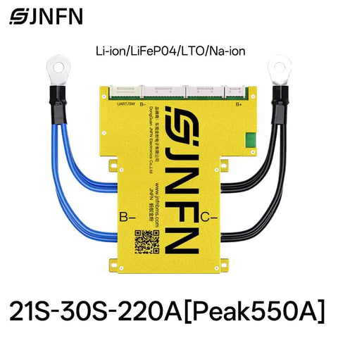 Rock Solid Smart BMS For 21S To 30S Battery Packs with 220A current flow, showcasing Bluetooth control and connections.