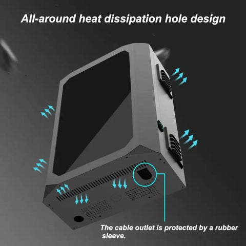 Badass EV Charger Pedestal With Heavy Duty Freestanding Station Enclosure and Cable Organizer showing heat dissipation design and cable outlet.