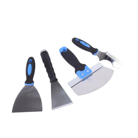 Kick Ass 11 Piece Drywall Tool Set With Telescopic Extension Pole And Paint Roller For Wall And Ceiling Mudding Taping Smooth Repairs And Home Renovation Work, featuring four essential drywall knives.