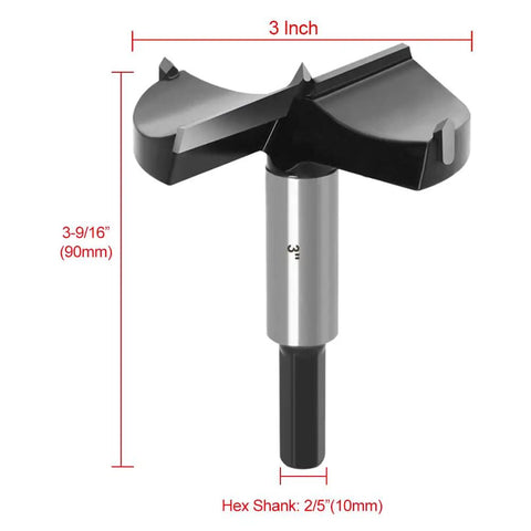 3 Inch Carbide Tipped Forstner Drill Bit with hex shank, pro grade precision woodworking hole cutter kit for hardwood and plywood.