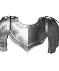 Gothic Steel Gorget With Pauldrons Shoulder Guard Set For LARP And SCA Knights in polished silver, detailed steel plate design.