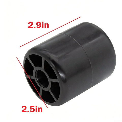 Side view of a black plastic lawn mower deck roller, 2.9 inches long and 2.5 inches wide, for Set Of Two Super Durable Plastic Lawn Mower Deck Rollers At Three Inches Long Perfect Fit For Keeping Your Mower Deck Operating Smooth And Balanced During All Those Tough Mowing Chores.