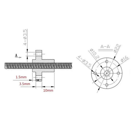 Technical drawing of 4 Pack T8 Brass Nut For 8mm Lead Screw With 2mm Pitch, showing dimensions and design for 3D printer Z axis