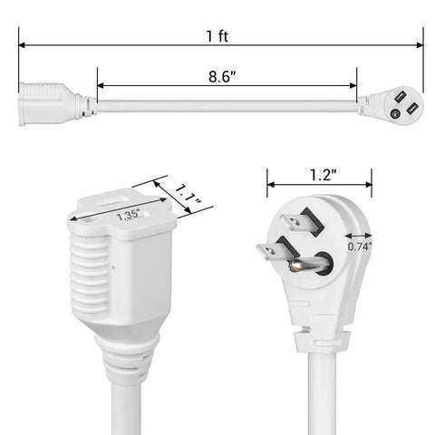 One Foot Indoor Extension Cord 14 Gauge Short Flat Plug With 3 Prongs Low Profile Angled 45 Degree Plug SJT Cable ETL Listed