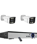 Pro Grade Eight Channel PoE Video Surveillance NVR Kit With 4K Ultra HD AI Face Recognition And Smart Motion Alerts For Home And Yard Featuring Smooth Setup And Legit Crisp Footage Anytime, includes two security cameras and one NVR.