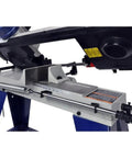 Close-up of the Top Notch 4X6 Metal Cutting Bandsaw With A Badass 3/4HP Motor showing the dual setup and cutting guide.