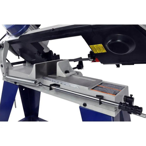 Close-up of the Top Notch 4X6 Metal Cutting Bandsaw With A Badass 3/4HP Motor showing the dual setup and cutting guide.