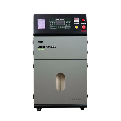 Heavy Duty Laser Fume Extractor That Keeps Your Workbench Crisp With Wicked Clean Air And Boss Level 1200W Suction Plus Automatic Pulse Jet Cleaning For Soldering And Welding, front view.