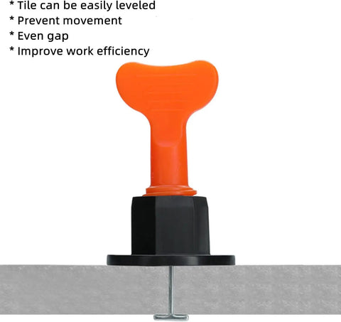Tile Leveling System Kit For Walls And Floors With 1000 Spacers And 200 Reusable Pins, featuring orange pin and black base on tile
