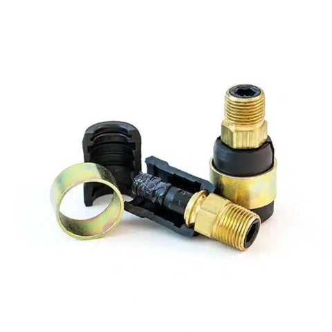 Close-up of Beefed-Up Heavy Duty 10 Pack Air Line Repair Swivel Kit with 3/8 NPT male fittings, for truck and trailer lines.