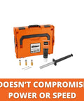 Compact Magnetic Base Drill With A Kickass 1100 Watt Motor For Heavy Duty Metal Work Runs Butter Smooth In Tight Spots Variable Speed 130 To 520 Rpm Locks Down Dead Nuts On Steel Includes Pro Grade Hss Cutter Set in orange carrying case with accessories.