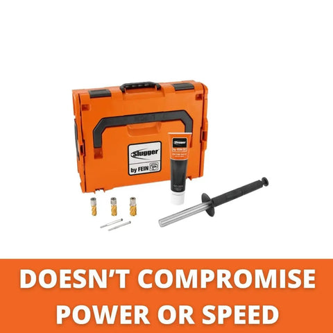 Compact Magnetic Base Drill With A Kickass 1100 Watt Motor For Heavy Duty Metal Work Runs Butter Smooth In Tight Spots Variable Speed 130 To 520 Rpm Locks Down Dead Nuts On Steel Includes Pro Grade Hss Cutter Set in orange carrying case with accessories.