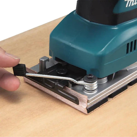 Beast Of A Sheet Finishing Sander One Third Inch Orbit, 1.7 Amp, teal finish, ergonomic grip, paper installation, detail view