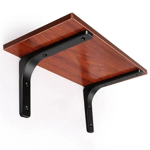 Heavy Duty L Brackets For Wall Shelves Rock Solid Corner Supports Built Tough With Safe Rounded Edges Handles Up To 35 Lbs Easily And Ships Complete With All Hardware For Zero Hassle Install, showcasing black metal brackets supporting a wooden shelf.