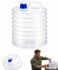 Collapsible Water Container with Spigot, clear plastic design shown expanded and folded, man using for camping hydration.