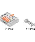 Eight Pack Din Rail Terminal Blocks Featuring Quick Connect Wire Splices For No Sweat Circuit Rigging At 32 Amps, grey connectors.