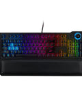 Wired Optical Mechanical Gaming Keyboard With Aluminum Plate Featuring Switchable Tactile Blue And Linear Red Switches Full Rgb Backlight viewed from above, showing rainbow lighting and padded wrist rest.