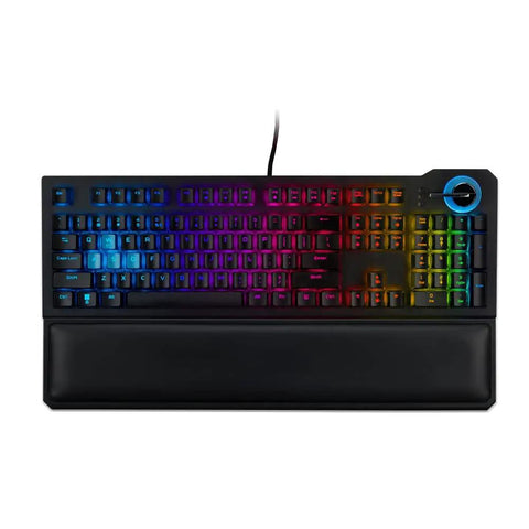 Wired Optical Mechanical Gaming Keyboard With Aluminum Plate Featuring Switchable Tactile Blue And Linear Red Switches Full Rgb Backlight viewed from above, showing rainbow lighting and padded wrist rest.