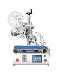 Fully Automatic Compact Labeling Machine With Conveyor Belt Self Adhesive Applicator For Round Bottles Boxes Bags Photoelectric Sensor Hustle Ready Heavy Lifter with control panel and blue conveyor belt.