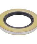 Trailer hub wheel bearing grease seal, yellow outer ring with gray inner bore, front view