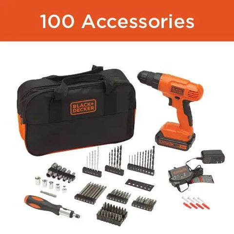 20V Cordless Drill Driver Kit With 100 Piece Bit And Socket Set 24 Position Clutch Soft Grip Handle Battery And Charger Included