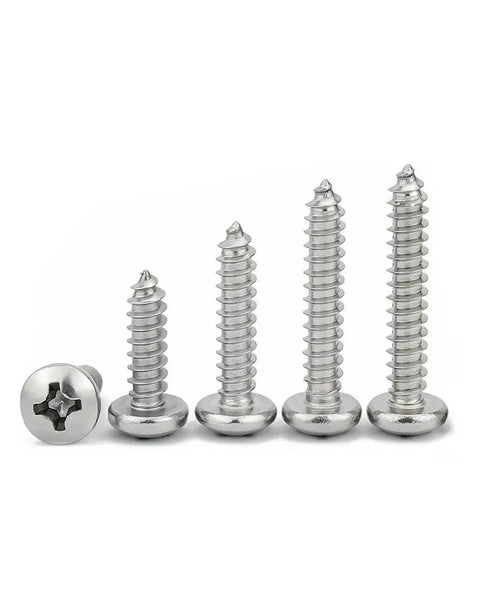 Heavy Duty Pan Head Phillips Screws 100 Pack Size 4 By Half Inch Self Tapping Fasteners in various lengths, slick silver 304 stainless steel.