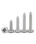 Heavy Duty 12 By 1 Inch Pan Head Phillips Sheet Metal Self Tapping Screws Rust Free 304 Stainless Steel Fasteners 50 Pack displayed in various sizes.