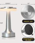 Cordless Metal Desk Lamp With Touch Sensor And 3 Color Temperature Modes, 3 Brightness Levels, Rechargeable, silver, dimensions shown