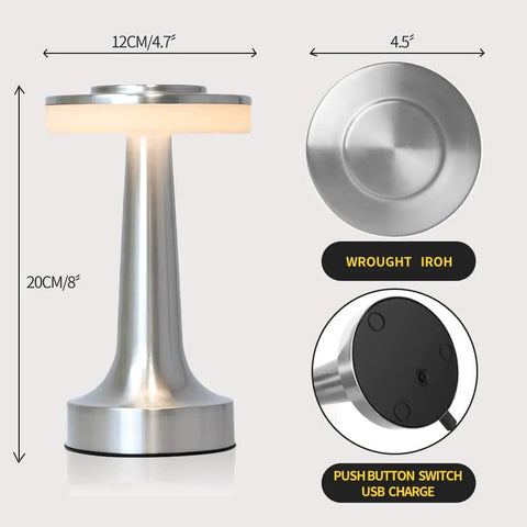 Cordless Metal Desk Lamp With Touch Sensor And 3 Color Temperature Modes, 3 Brightness Levels, Rechargeable, silver, dimensions shown