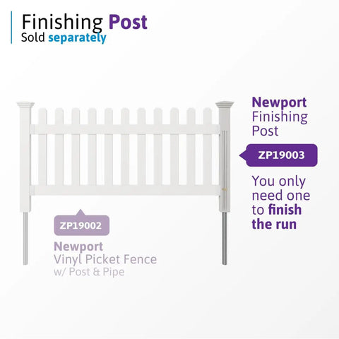 No Dig White Vinyl Picket Fence Kit With A 3ft High By 6ft Wide Panel And Post Easy Install Outdoor Fence For Backyard Or Patio Pet And Child Safe Decorative Border Weather Resistant Construction For Outdoor Durability And A Clean Modern Look, showing vinyl panel and finishing post.