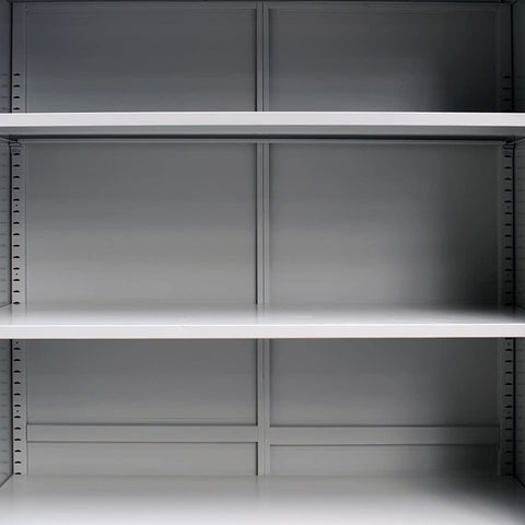 Interior view of Lockable Stainless Steel Office Filing Cabinet With Top-Notch Adjustable Shelves, 2-Door Storage Cupboard, 90x40x140cm Grey