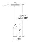 Diagram of Action 8-In LED Pendant Light 3000K Black With Dope Retro Spun Metal Housing, adjustable height dimensions.