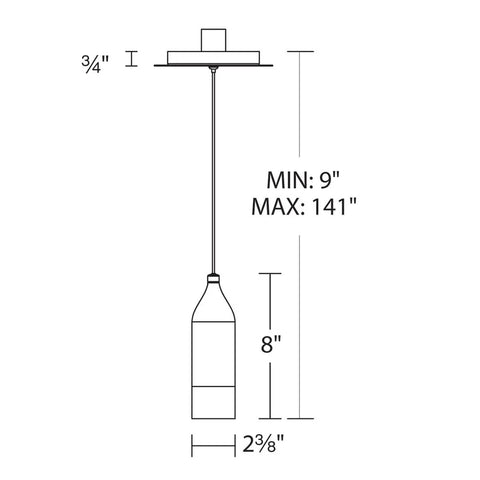 Diagram of Action 8-In LED Pendant Light 3000K Black With Dope Retro Spun Metal Housing, adjustable height dimensions.