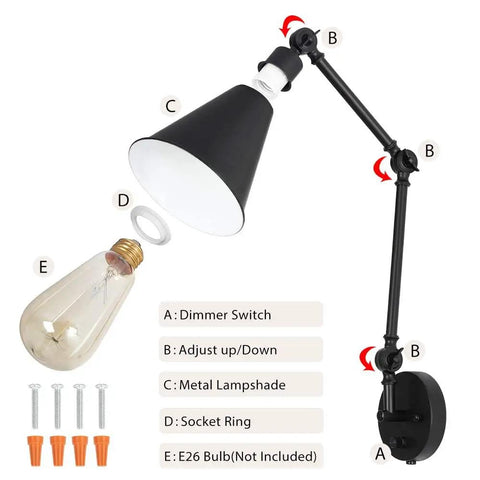Diagram of Set of 2 Swing Arm Plug in Wall Lamps with Dimmable Switch Industrial Black Metal Reading Sconces detailing components.