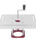 Top Shelf Aluminum Router Lifter With Flip Board for Precision Woodworking, features adjustment handle and red base.