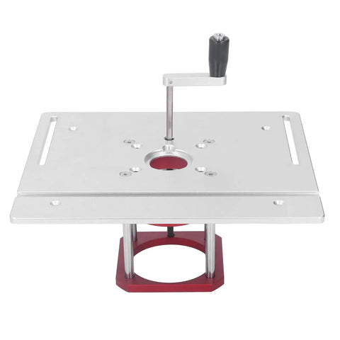 Top Shelf Aluminum Router Lifter With Flip Board for Precision Woodworking, features adjustment handle and red base.