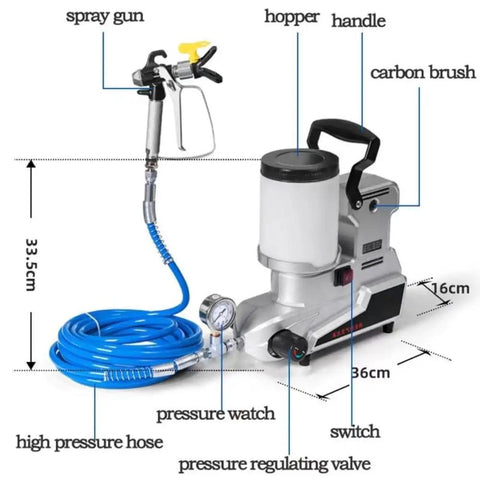 Powerful Airless Paint Sprayer With Long Hose For Fast Smooth Latex Coats Indoor Outdoor Use showing spray gun, hopper, and high pressure hose.