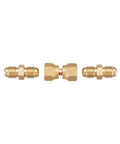 Brass 1/4 Inch Flare Male Adapter And 1/4 Inch Flare Swivel Nut Set Pack Of 6 Durable Fittings For LP Gas And Natural Gas Corrosion Resistant High Temperature Tolerant Premium Brass Construction, shown with three brass flare fittings
