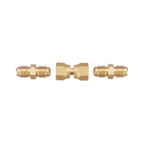 Brass 1/4 Inch Flare Male Adapter And 1/4 Inch Flare Swivel Nut Set Pack Of 6 Durable Fittings For LP Gas And Natural Gas Corrosion Resistant High Temperature Tolerant Premium Brass Construction, shown with three brass flare fittings
