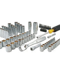 Workhorse 84 Piece Mechanics Tool Set With 72 Tooth Ratchet Anti Slip Driver Handle Durable Blow Molded Case With Metal Latches Full Polish Chrome For Corrosion Resistance Includes One Quarter Inch And Three Eighth Inch Drive Pear Head Ratchets displayed on white background