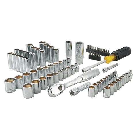 Workhorse 84 Piece Mechanics Tool Set With 72 Tooth Ratchet Anti Slip Driver Handle Durable Blow Molded Case With Metal Latches Full Polish Chrome For Corrosion Resistance Includes One Quarter Inch And Three Eighth Inch Drive Pear Head Ratchets displayed on white background