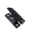 Angled view of plastic adjustable-damping hinge with torque; small black mounting bracket and screw
