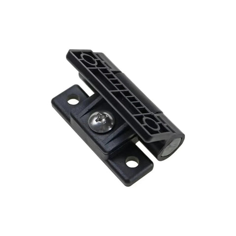 Angled view of plastic adjustable-damping hinge with torque; small black mounting bracket and screw