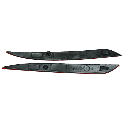 Driver Passenger Pair Red Rear Bumper Reflectors For Tesla Model Y 2020 To 2023 shown from top view with black backing.