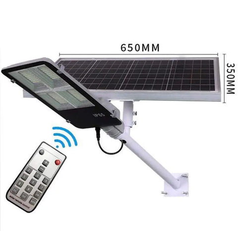JUDYSSY Solar Floodlights mounted with a solar panel and remote, IP65 waterproof design for outdoor use.