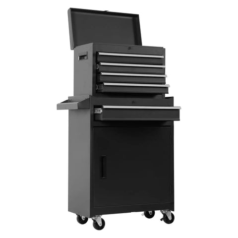 Rolling Tool Chest With Five Drawers Top Compartment And Two Section Base Cabinet Double Doors Heavy Duty Wheels Ultra Large Capacity Organizer For Garage Shop Workshop And Industrial Use black steel rolling tool chest with open lid and drawers