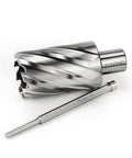 Angled view of Oscarbide annular cutter, 1-1/2 in diameter, 2 in depth, Weldon 3/4 in shank with pilot pin for magnetic drill press