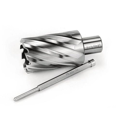 Angled view of Oscarbide annular cutter, 1-1/2 in diameter, 2 in depth, Weldon 3/4 in shank with pilot pin for magnetic drill press