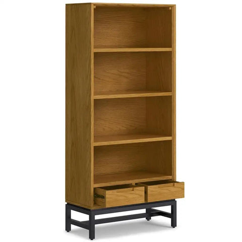 Oak Veneer Desk And 66 Inch Bookcase Set With Graphite Gray Metal Frame, displaying shelves and drawers